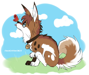 A cute, brown canine-like creature sits in a sunny field. A red butterfly sits on his nose.