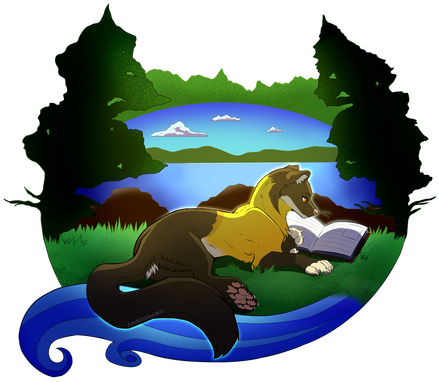 a drawing of a marten sitting in the grass and reading a book. There is a lake and tall pine trees in the background